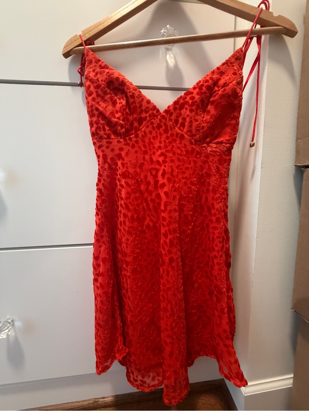 Red Leopard-Texture Satin Slip Dress with Adjustable Straps